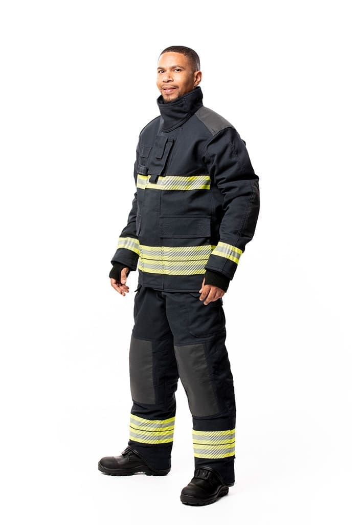FIRE-SAFE® AIR-LITE Fire-Fighting Bunker suit Navy with 50mm FR Lime/Silver segmented reflective tape